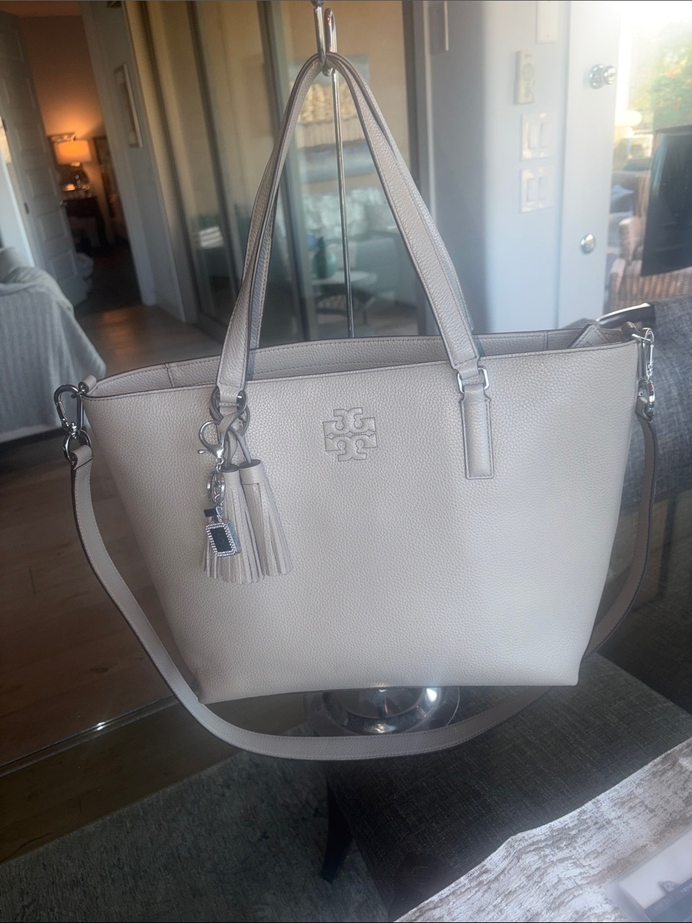 Tory Burch Pebbled Leather Tote in Light Taupe